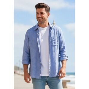 Michaels Men's Linen Button Down Long Sleeve Shirt USA Size L Blue Cotton Preppy